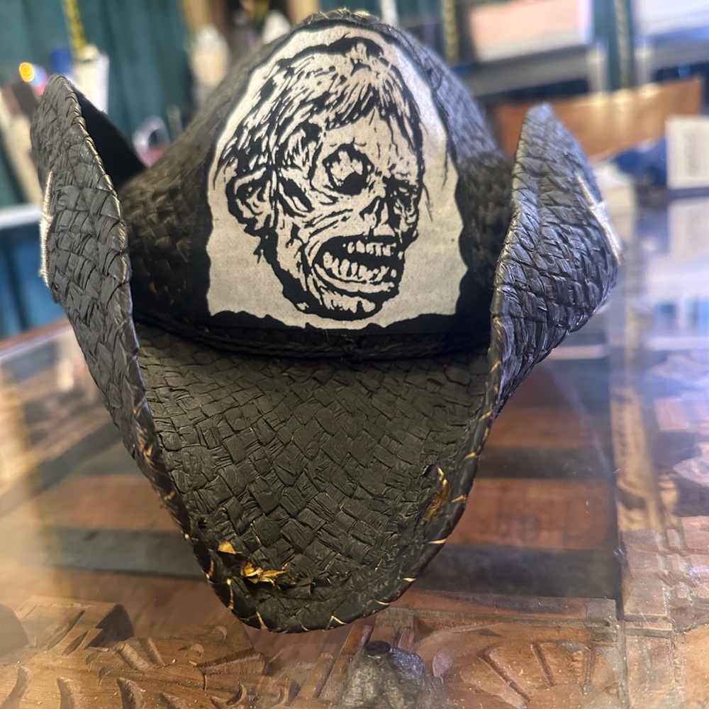 Black Woven Hat with Skull Patch Rob Zombie Distressed Rockabilly Burning Man